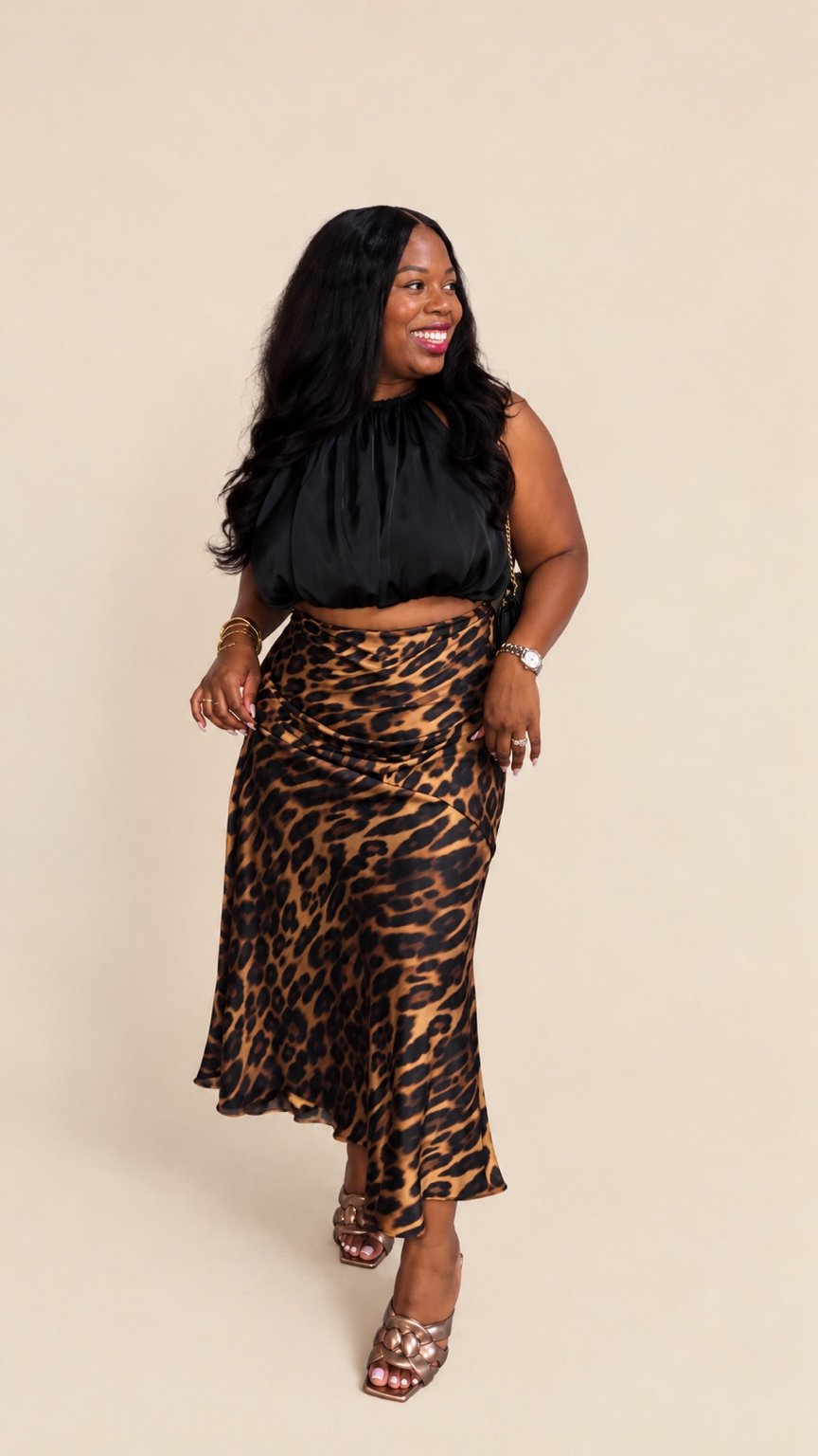 Vanessa smiling in a black top and leopard-print skirt