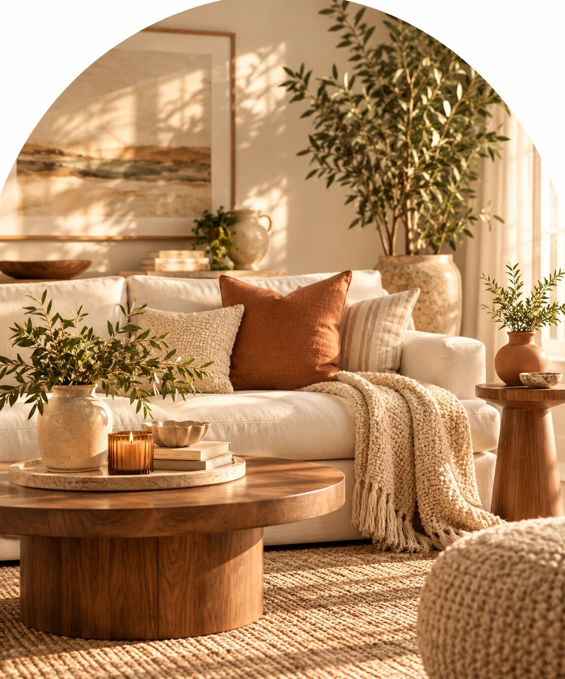 Warm neutral living room with greenery