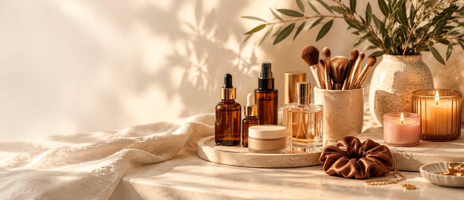 Amber skincare bottle, natural brush, eucalyptus, mirror, and towels